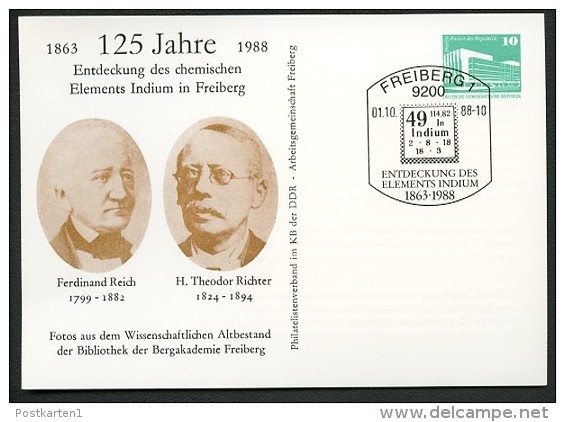 DDR PP18 C2/006 Privat-Postkarte ENTDECKUNG INDIUM REICH RICHTER Freiberg Sost.1988  NGK 5,00 € - Cartes Postales Privées - Oblitérées