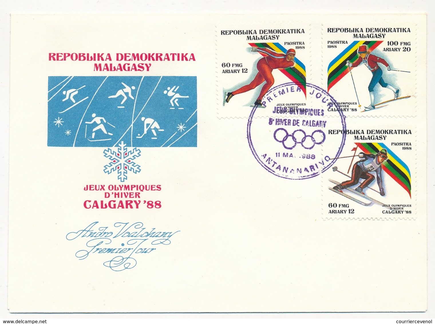 MADAGASCAR - 3 Enveloppes FDC - 6 Valeurs (dont BF) Jeux Olympiques D'Hiver De Calgary - 1988 - Madagascar (1960-...)