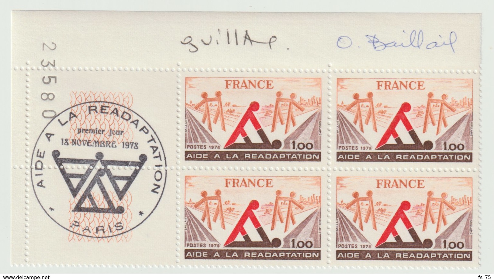 FRANCE - N°2023 - 1F AIDE A LA READAPTATION - BLOC DE 4 - SIGNE GUILLAUME ET BAILLAIS - OBLITÉRÉ PREMIER JOUR - 1970-1979