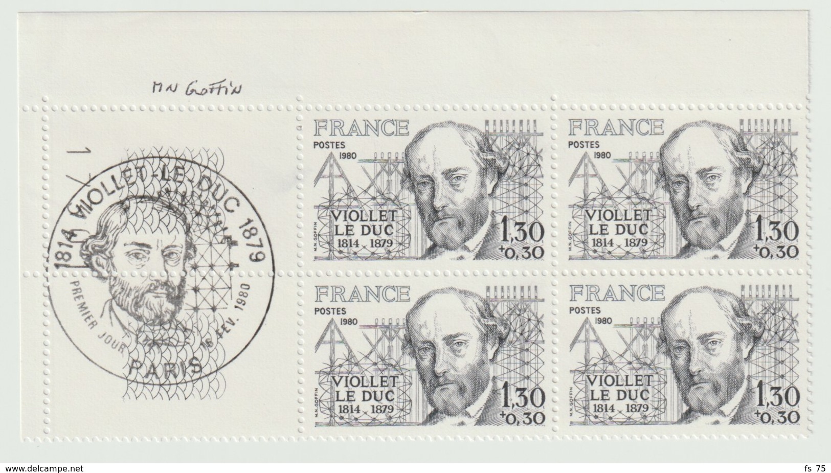 FRANCE - N°2095 - 1F30 VIOLET LE DUC - BLOC DE 4 - SIGNE M.N. GOFFIN - OBLITÉRÉ PREMIER JOUR - 1980-1989