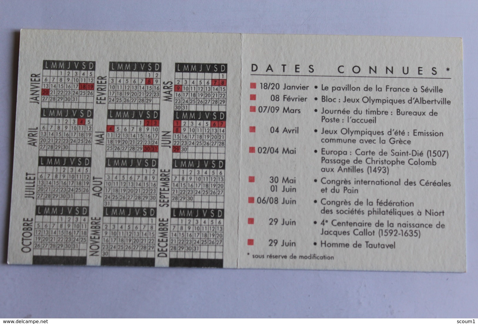 Petit Calendrier 1992 Offert Par La Poste - Petit Format : 1991-00