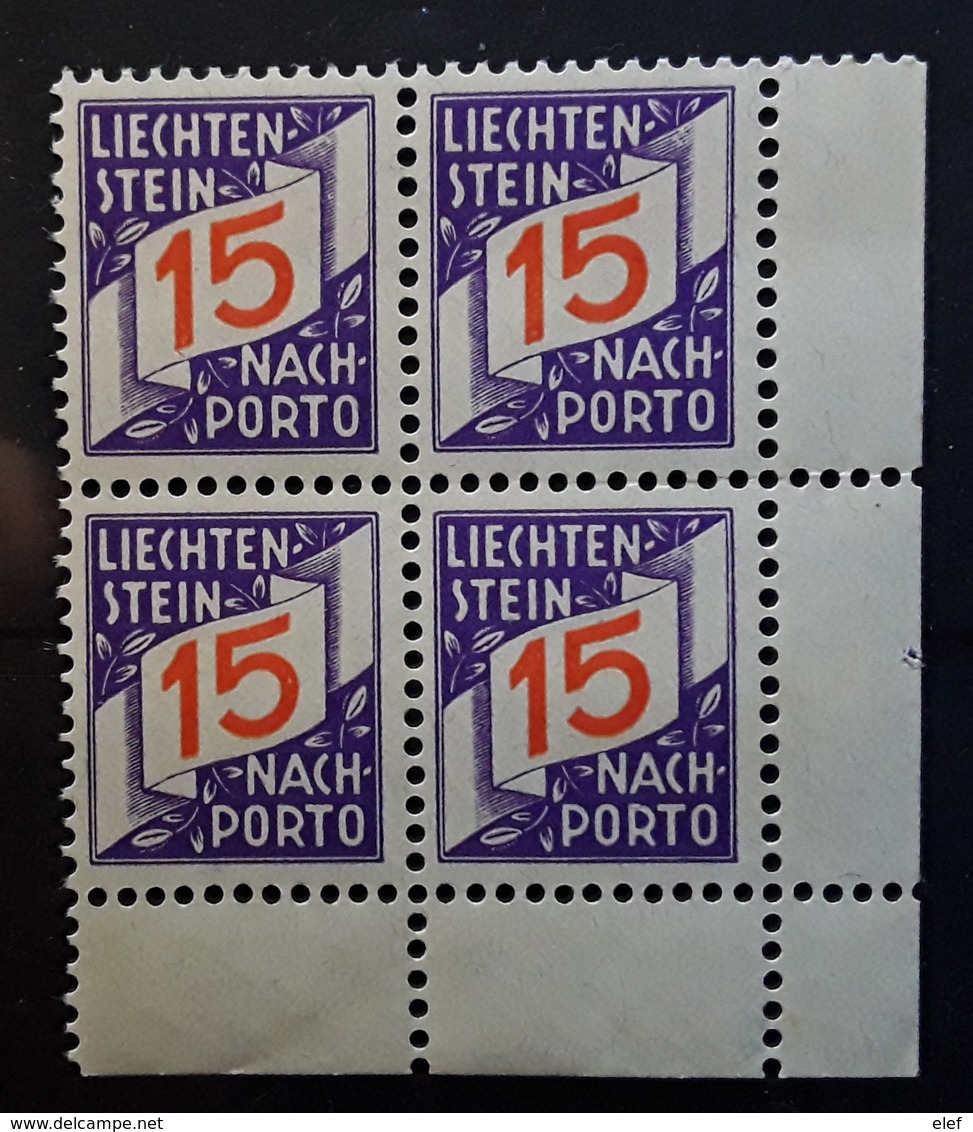 LIECHTENSTEIN  Nach Porto / TAXE 1928 , BLOC De 4 ,  Yvert N° 15, 15 R Violet / Orange, Neuf ** / MNH, TTB !! - Taxe