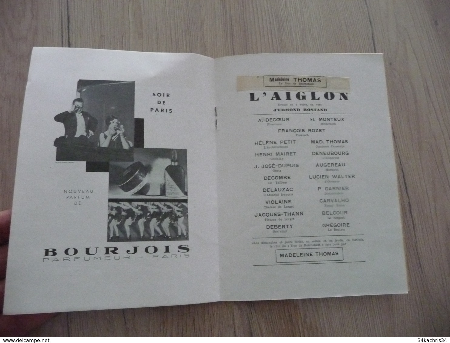 Programme Théâtre Sarah Bernhardt L'Aiglon E.Rostand 1930/1931 photos et pub dont automobile