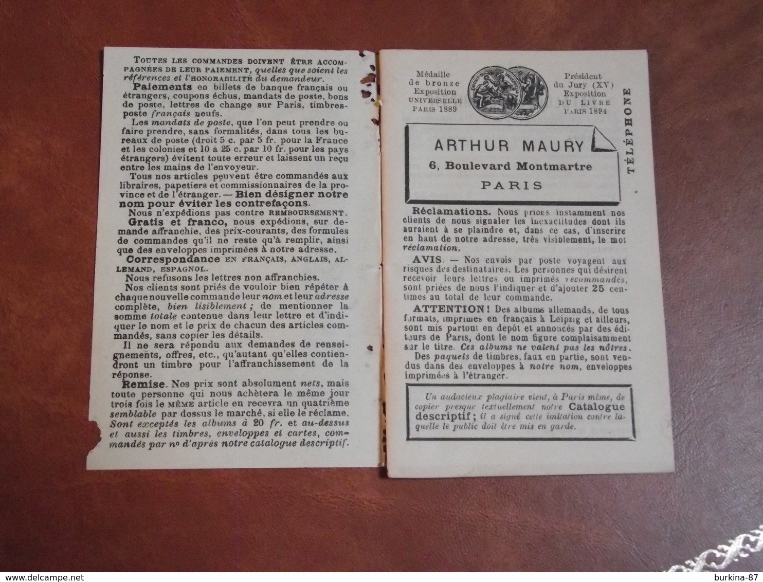 Catalogue,de Vente De Timbres, ARTHUR MAURY, 1895 ? Petit Fascicule, Paris - Cataloghi Di Case D'aste