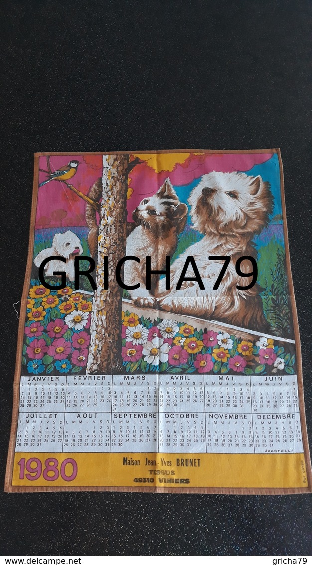 LINGE DE MAISON - TORCHON CALENDRIER 1980 - CHIENS  CHAT CHARDONNERET - Other & Unclassified