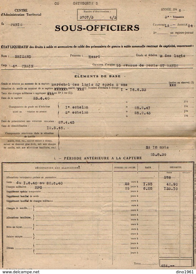 VP16.999 - 1946 - Lettre Du Centre D'Administration Territorial De PARIS Au Soldat BRIZARD Ancien Prisonnier De Guerre - Dokumente