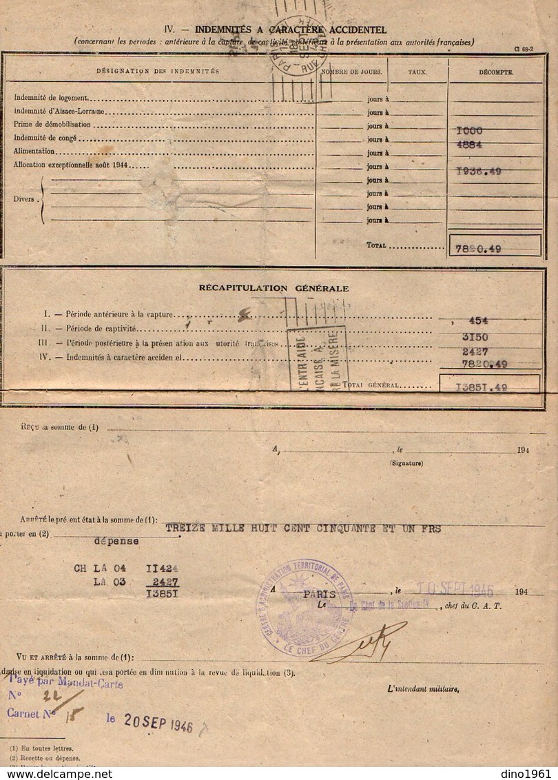 VP16.999 - 1946 - Lettre Du Centre D'Administration Territorial De PARIS Au Soldat BRIZARD Ancien Prisonnier De Guerre - Dokumente