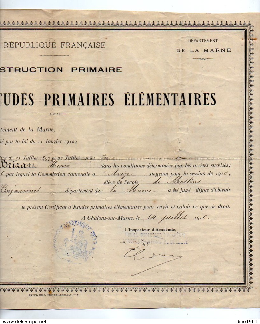 VP17.001 - CHALONS SUR MARNE 1916 - Certificat D'Etudes Primaires Elémentaires Mr Henri BRIZARD Né à BAZANCOURT - Diplomi E Pagelle