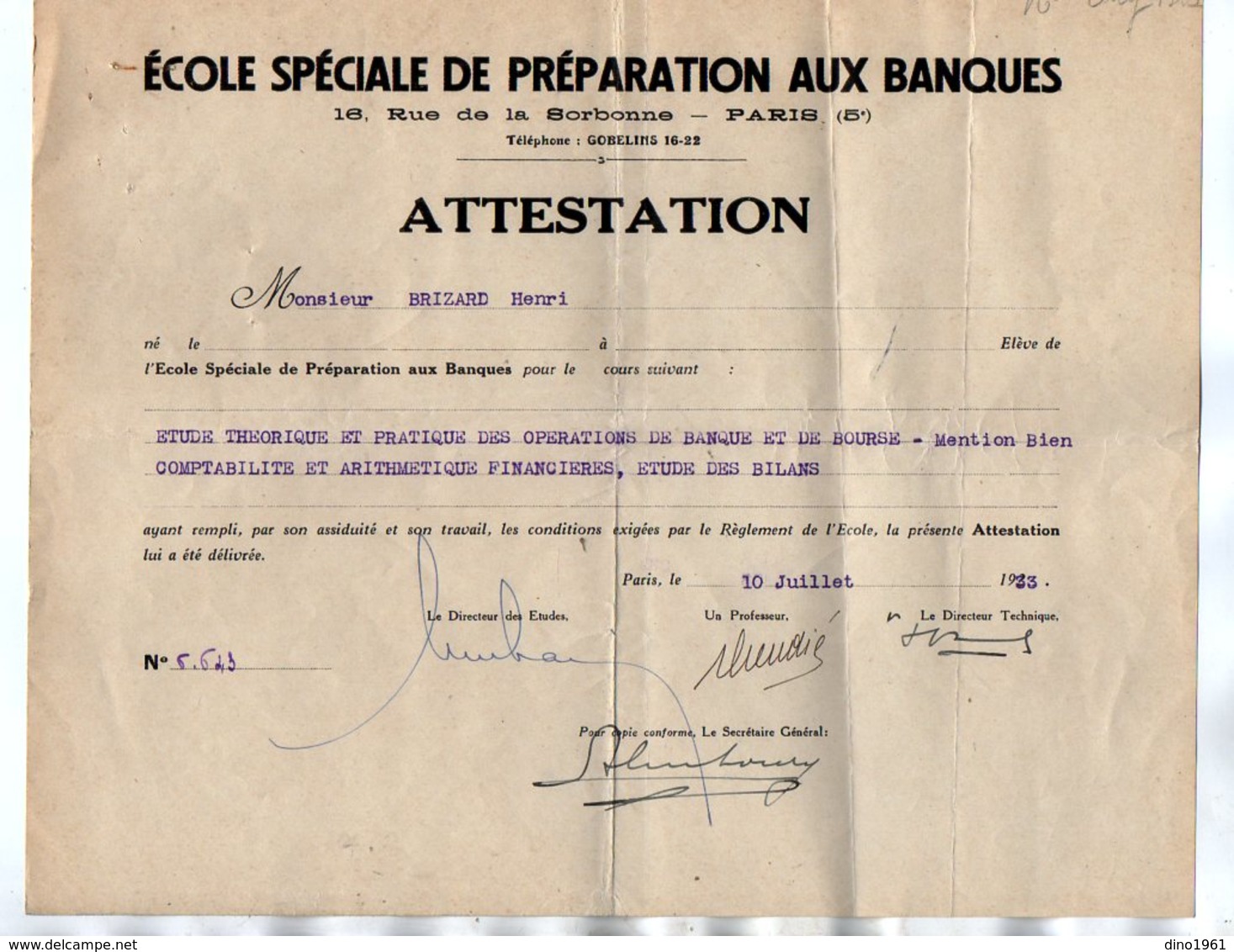 VP17.002 - PARIS 1933 - Ecole Spéciale De Préparation Aux Banques - Attestation - Mr Henri BRIZARD Né à BAZANCOURT - Diplomi E Pagelle