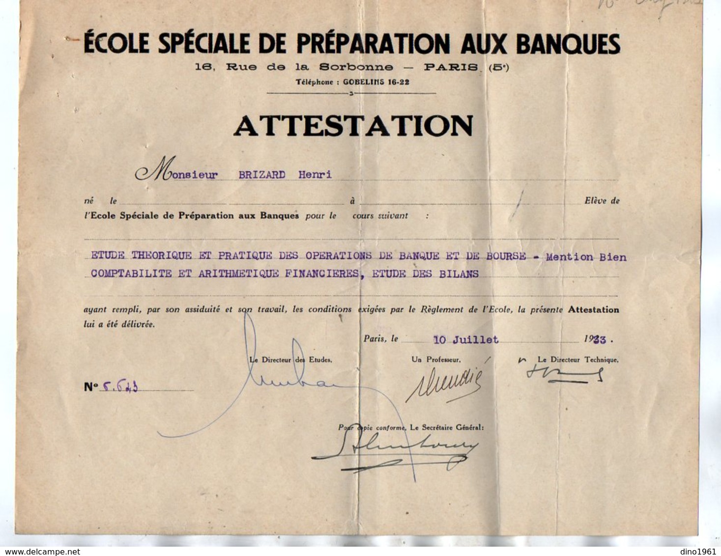 VP17.002 - PARIS 1933 - Ecole Spéciale De Préparation Aux Banques - Attestation - Mr Henri BRIZARD Né à BAZANCOURT - Diplômes & Bulletins Scolaires