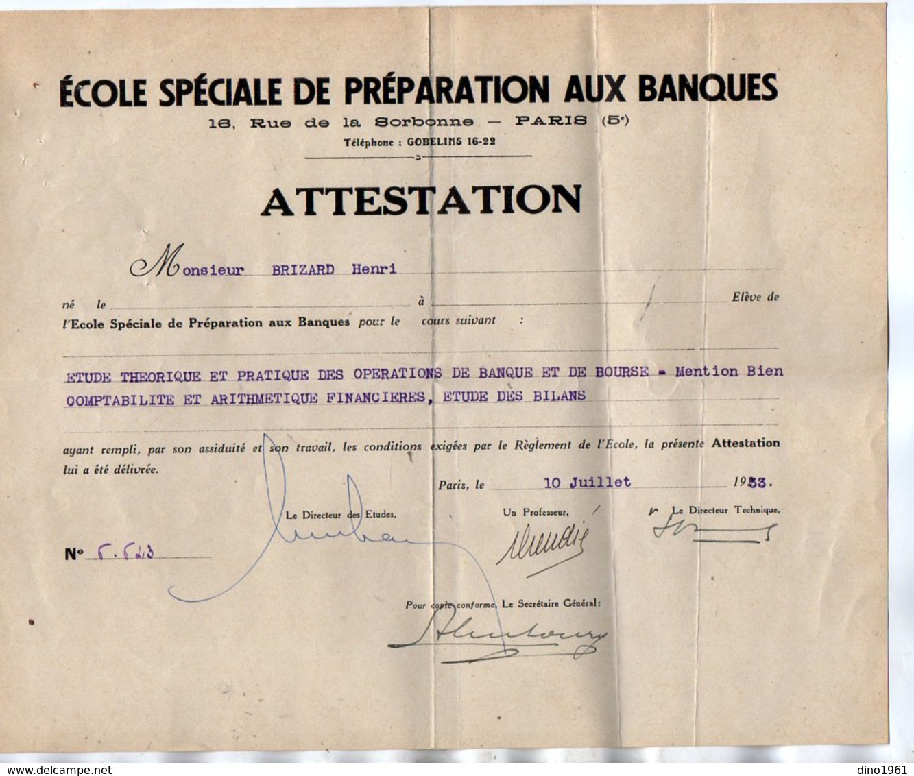 VP17.003 - PARIS 1933 - Ecole Spéciale De Préparation Aux Banques - Attestation - Mr Henri BRIZARD Né à BAZANCOURT - Diplomi E Pagelle