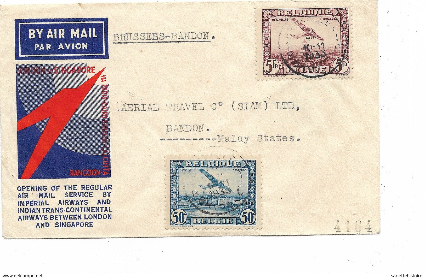 SH 0408. PA 1-4 BRUXELLES 1 - 9.XII.1933 S/L. 1er Vol IMPERIAL AIRWAYS LONDRES-SINGAPOUR,de BXL à BANDON.v. Dos.Vdb 128. - Lettres & Documents