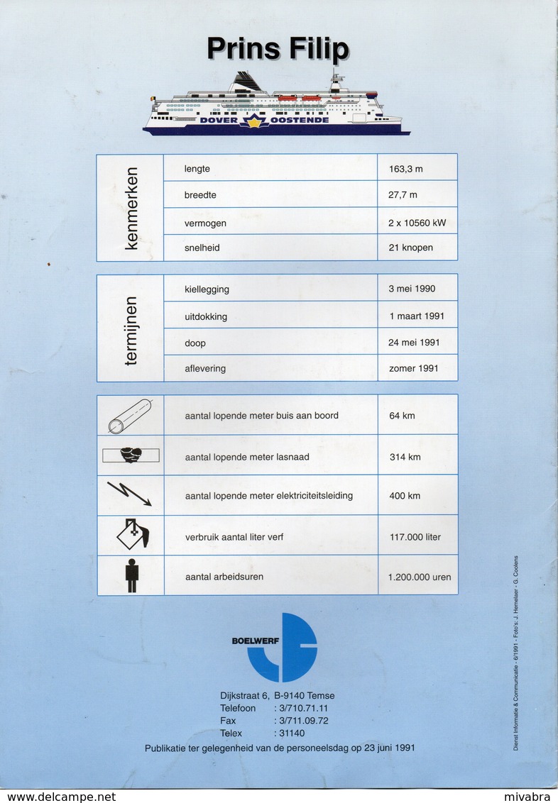 BOELWERF TEMSE - BROCHURE JUMBO FERRY PRINS FILIP 1991 DOVER OOSTENDE Met TECHNISCHE DATA EN FOTO - Autres & Non Classés