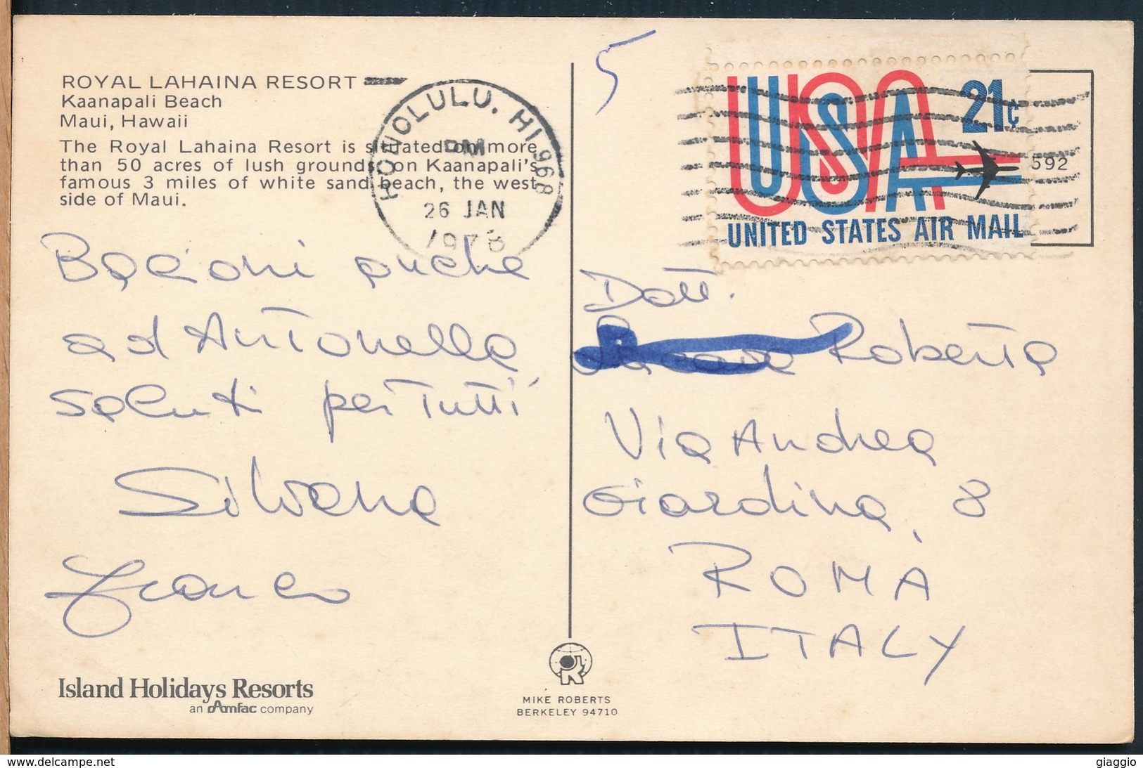 °°° 19780 - USA - HI - MAUI - ROYAL LAHAINA RESORT - 1978 With Stamps °°° - Maui