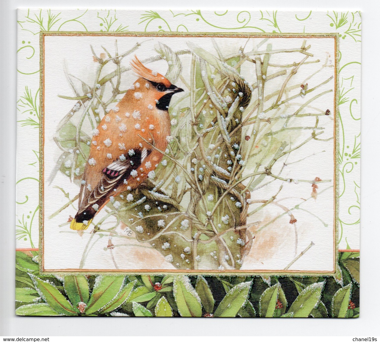 DOUBLE POSTCARD - MARJOLEIN BASTIN - BIRD / WAXWING - USED - CHRISTMAS - GLITTER - HALLMARK - Autres & Non Classés