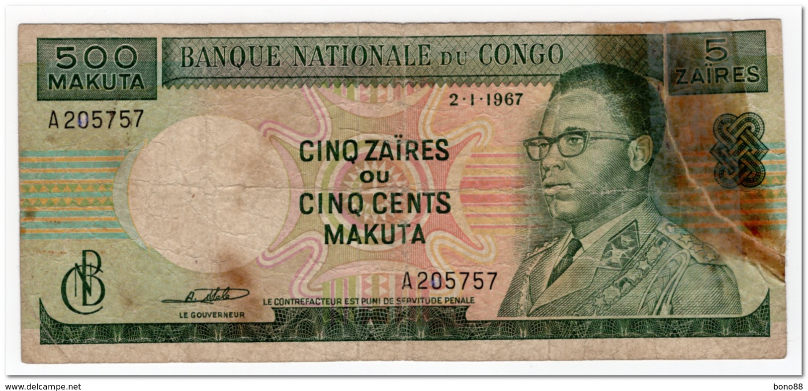 CONGO,500 MAKUTA OR 5 ZAIRES,1967,P.13b,REPAIRED! - Republik Kongo (Kongo-Brazzaville)