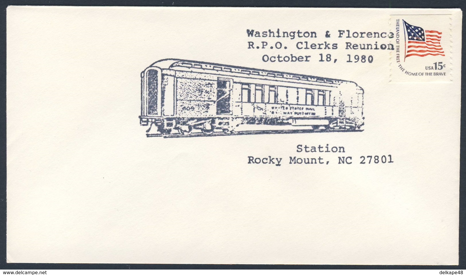 USA 1980 Cover Brief - Washington & Florence - R.P.O. Clercks Reunion, Rocky Mount / Railroad / Eisenbahn - Treinen