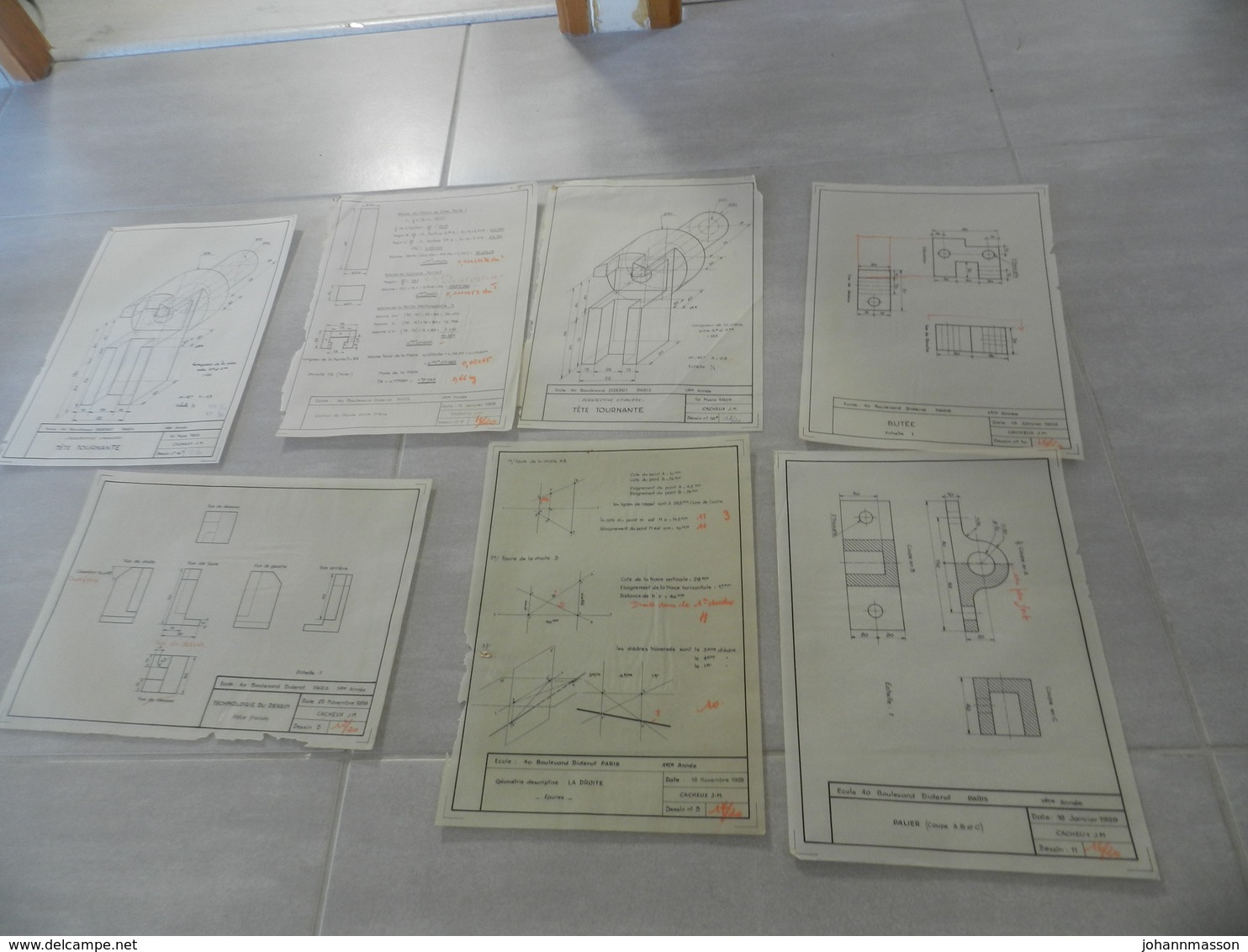 Lot  De 7 Plans  De Cours   ( Crochet  De Palan , Chariot  ) Ecole  40 Boulevard   Diderot  Paris   9 Février  1959 - Other Plans