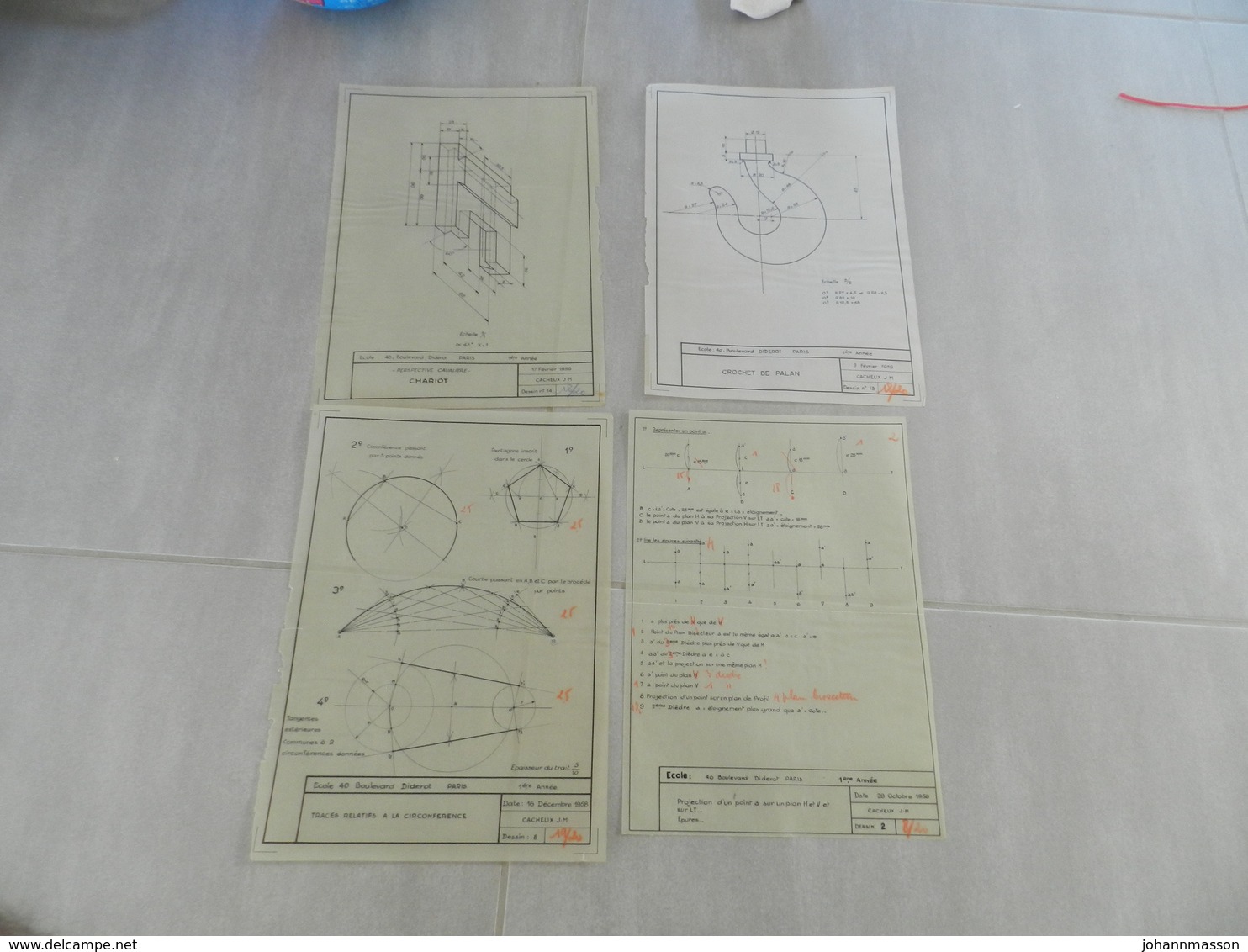 Lot  De 4 Plans  De Cours  ( Tete Tournante  )   Ecole  40 Boulevard   Diderot  Paris Année    1959  - 1958 - Other Plans