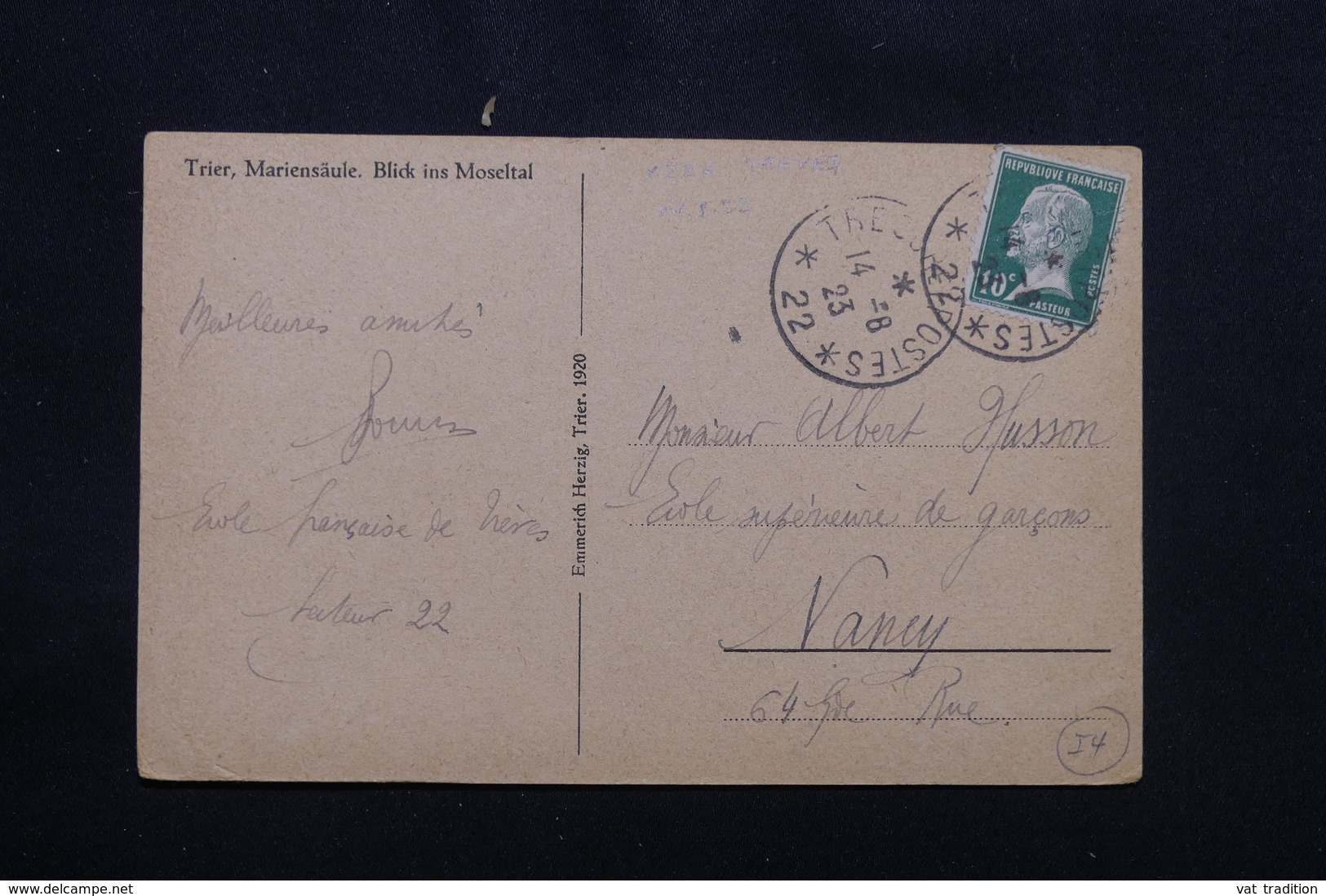 FRANCE - Affranchissement Pasteur Du SP 22 Sur Carte Postale De Trier En 1922 Pour Nancy - L 57120 - Sellos Militares Desde 1900 (fuera De La Guerra)