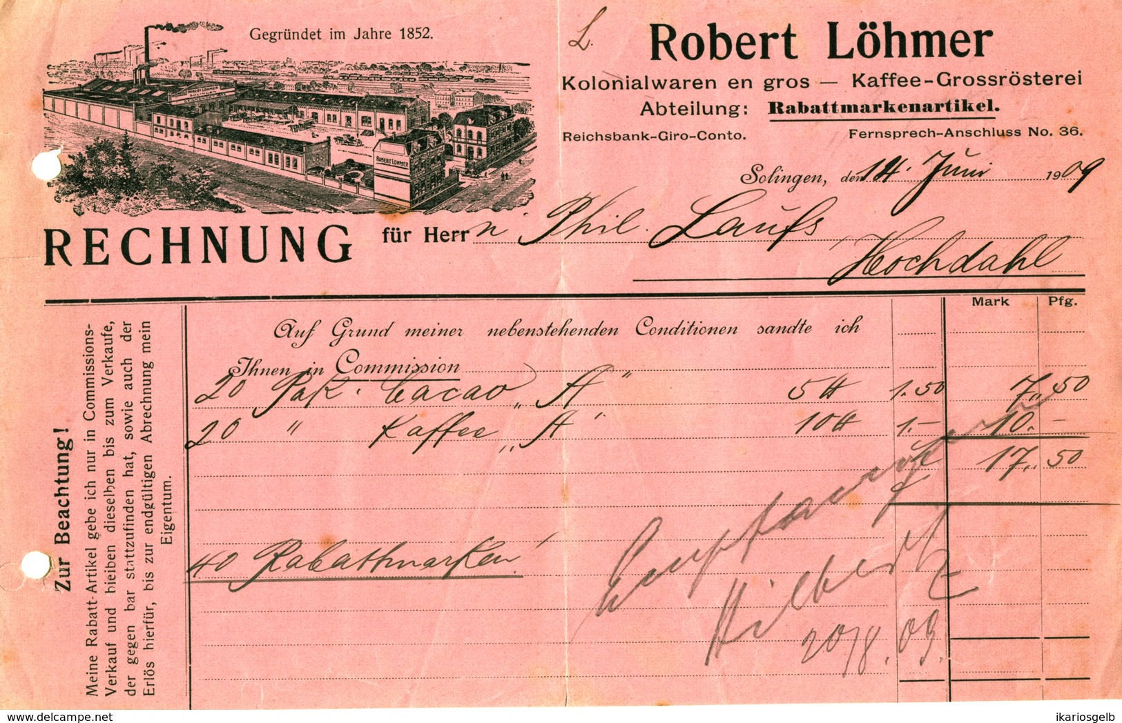 SOLINGEN Rechnung 1909 Deko " Robert Löhmer Kaffeegroßrösterei " - Alimentare