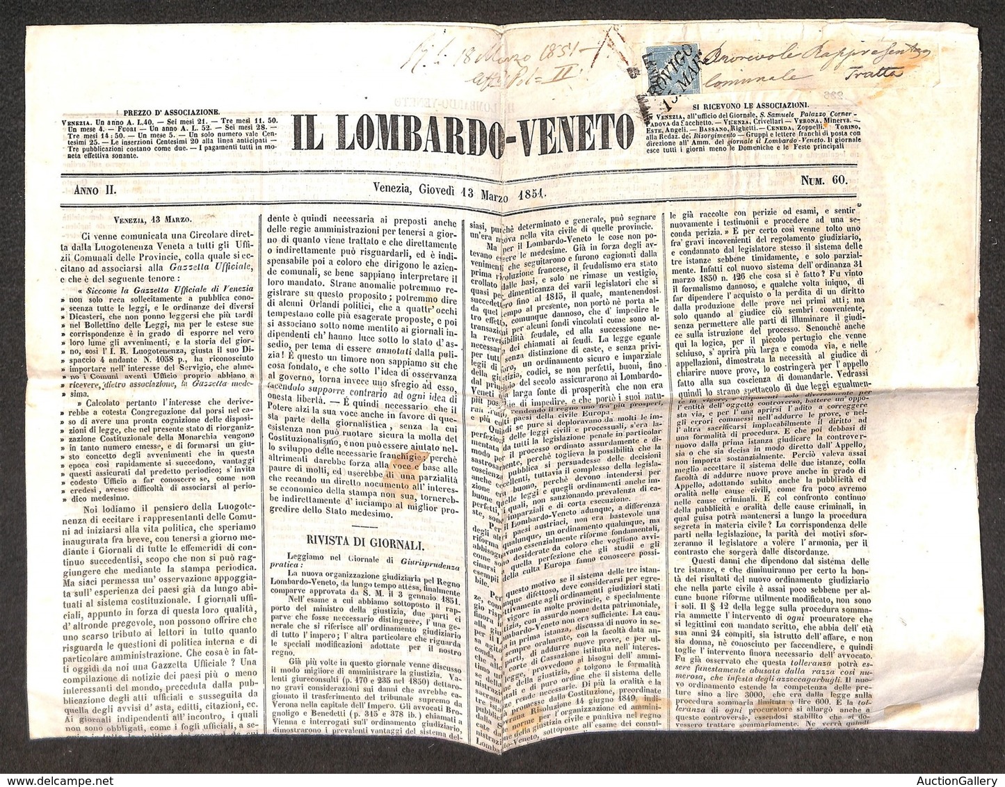ANTICHI STATI ITALIANI - LOMBARDO VENETO - 3 Cent (1 - Giornali) Corto A Destra - Intero Giornale (Il Lombardo Veneto) D - Other & Unclassified