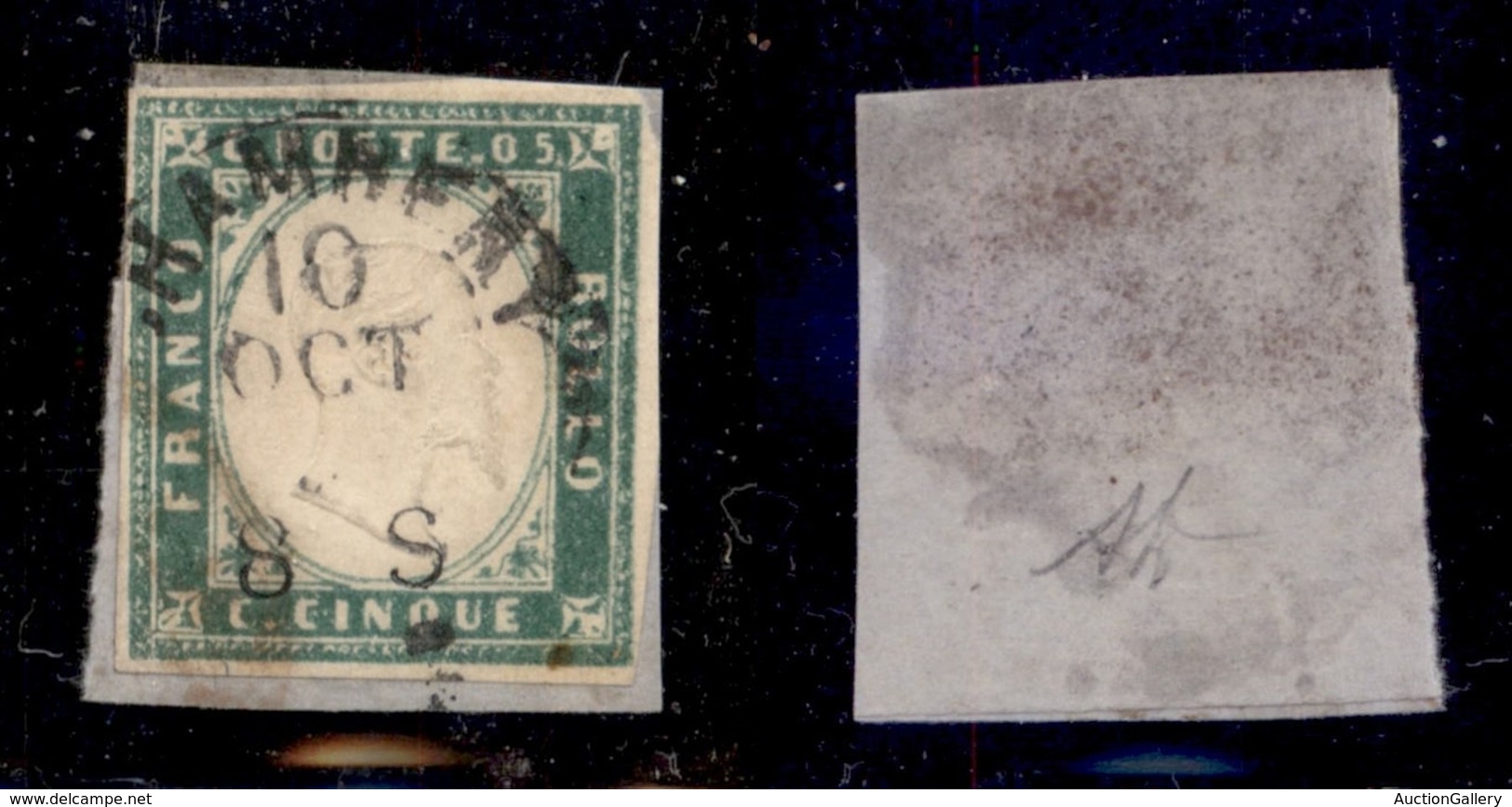 ANTICHI STATI ITALIANI - SARDEGNA - 1855 - 5 Cent (13d - Verde Smeraldo) Usato A Chambery Su Frammento - Cert. AG (950) - Sonstige & Ohne Zuordnung