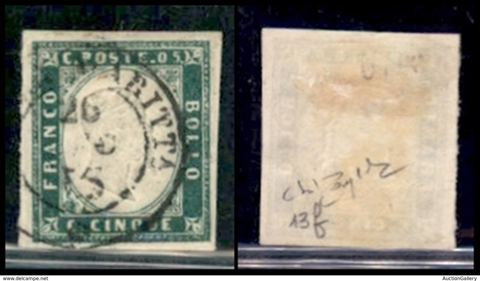 ANTICHI STATI ITALIANI - SARDEGNA - 1855 - 5 Cent Verde Smeraldo Scuro (13f) - Usato - Raybaudi (1200) - Sonstige & Ohne Zuordnung