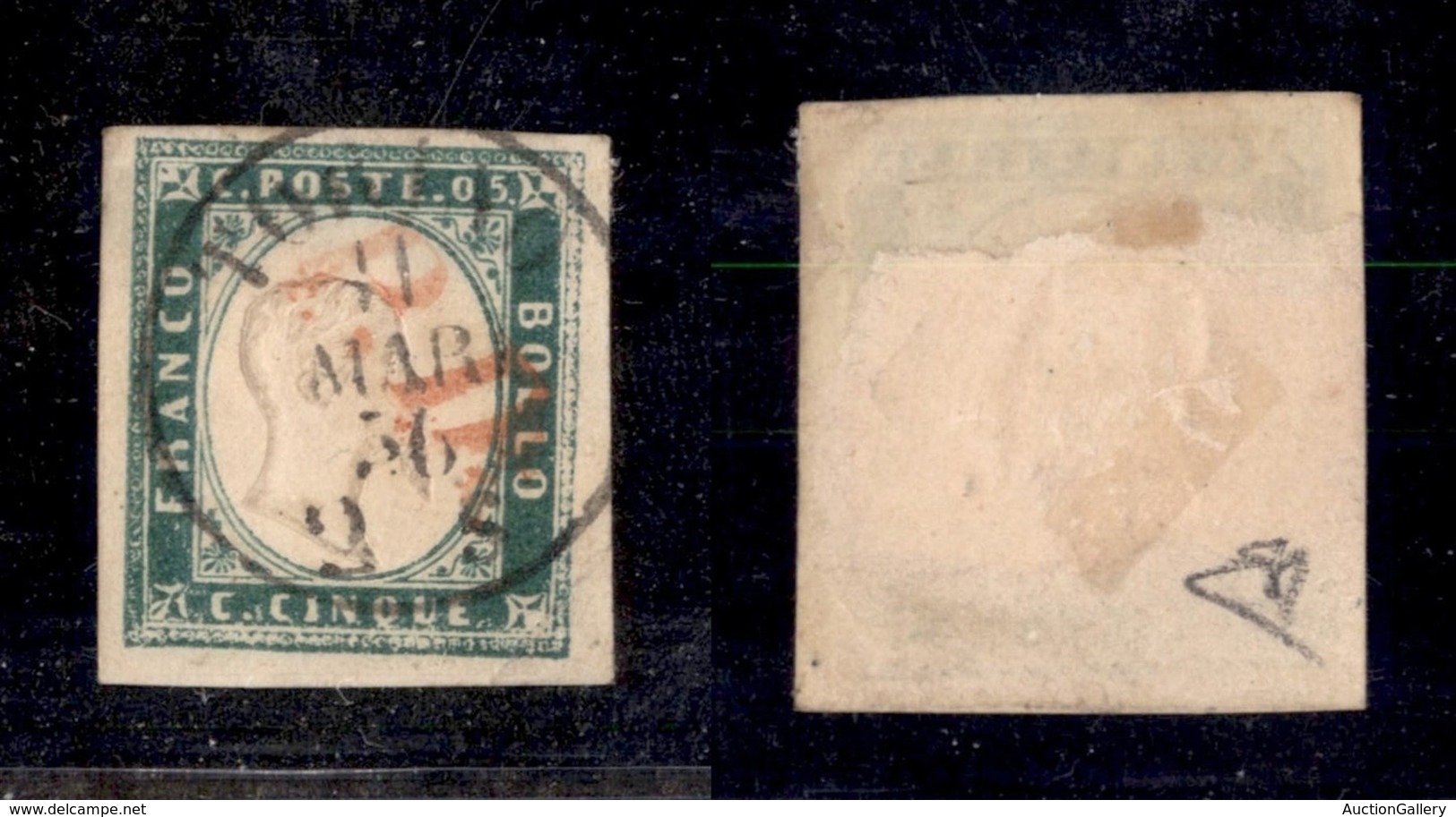 ANTICHI STATI ITALIANI - SARDEGNA - 1855 - 5 Cent (13f) Usato A Torino (PD In Rosso) - Diena (1.200) - Autres & Non Classés