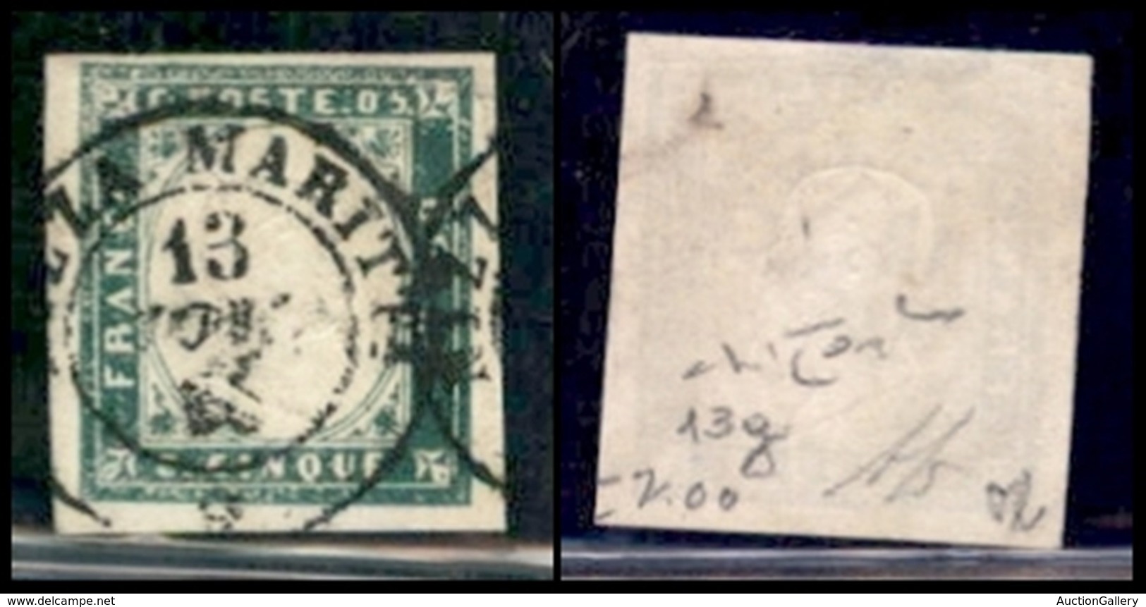 ANTICHI STATI ITALIANI - SARDEGNA - 1855 - 5 Cent Verde Smeraldo Grigiastro (13g) - Usato - Raybaudi+Diena (1000) - Sonstige & Ohne Zuordnung