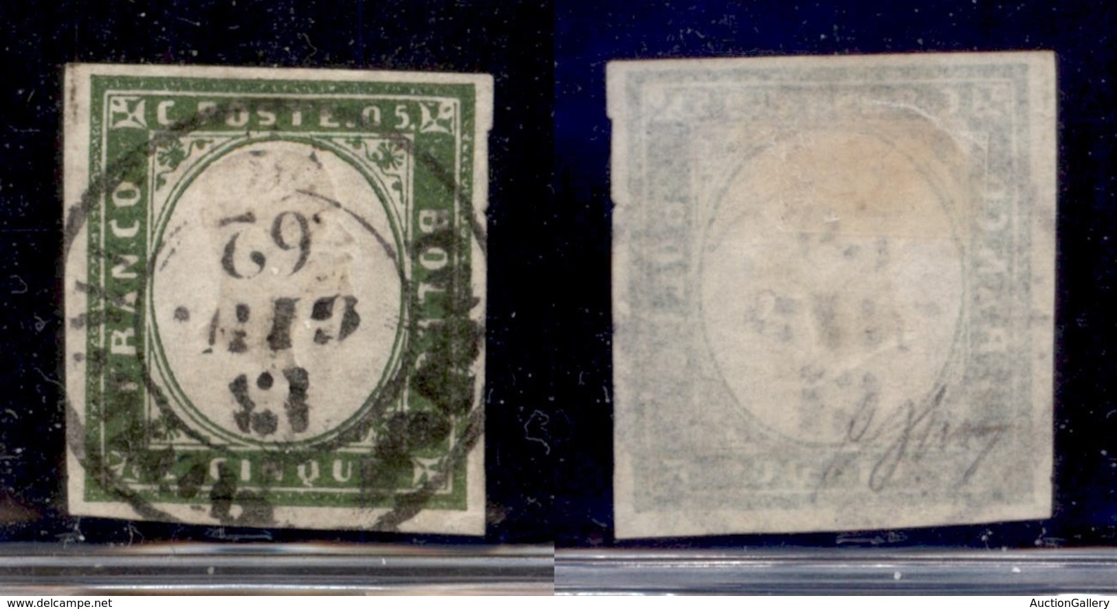 ANTICHI STATI ITALIANI - SARDEGNA - 1861 - 5 Cent (13C - Verde Oliva) Usato - G. Oliva (750) - Sonstige & Ohne Zuordnung