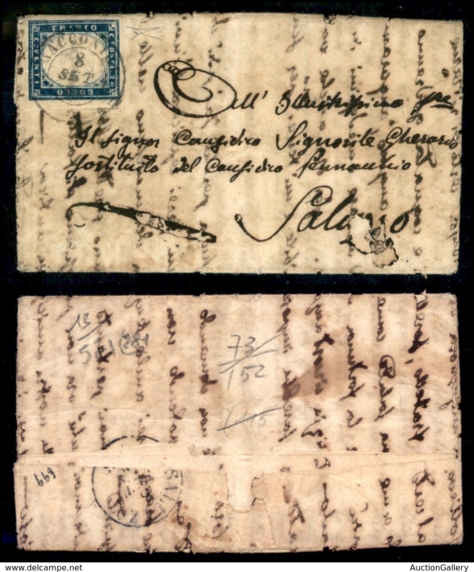 ANTICHI STATI ITALIANI - SARDEGNA - 20 Cent Celeste Oltremare Scurissimo (15i) - Lettera Da Racconigi A Saluzzo Del 8.12 - Otros & Sin Clasificación