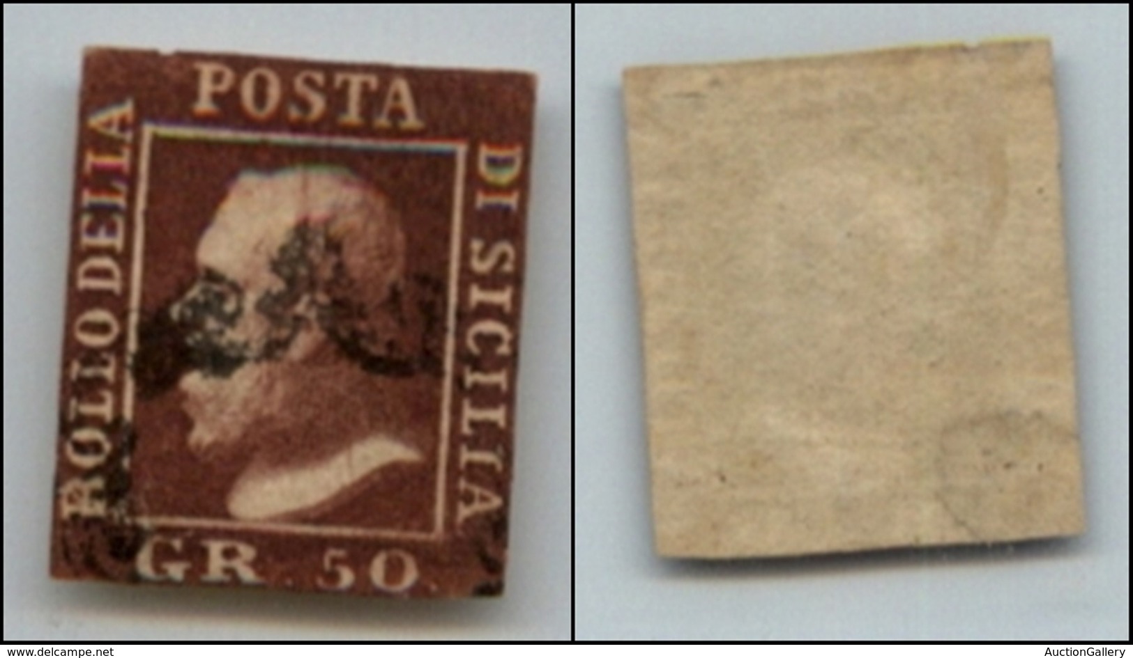 ANTICHI STATI ITALIANI - SICILIA - 1859 - 50 Grana (14b - Bruno Scuro Violaceo) Usato - Ritagliato Nel Disegno (45.000) - Sonstige & Ohne Zuordnung