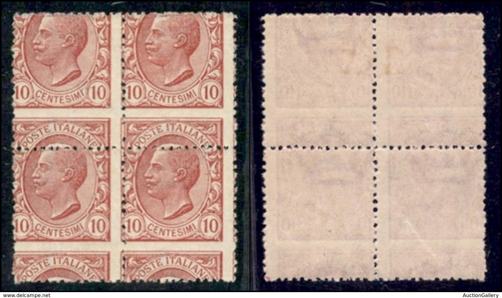 REGNO - POSTA ORDINARIA - 1906 - 10 Cent Leoni (82nc) - Quartina Con Dentellatura Orizzontale Spostata In Basso - Gomma  - Altri & Non Classificati