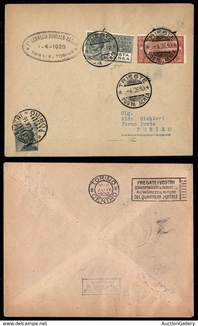 REGNO - POSTA AEREA - 1926 (1 Aprile) - Trieste Torino - Longhi 26Tsa - Chiavarello - Sonstige & Ohne Zuordnung