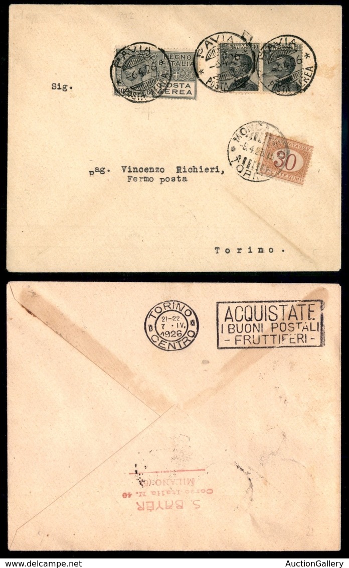 REGNO - POSTA AEREA - 1926 (6 Aprile) - Pavia Torino - Longhi 26TSp - Otros & Sin Clasificación