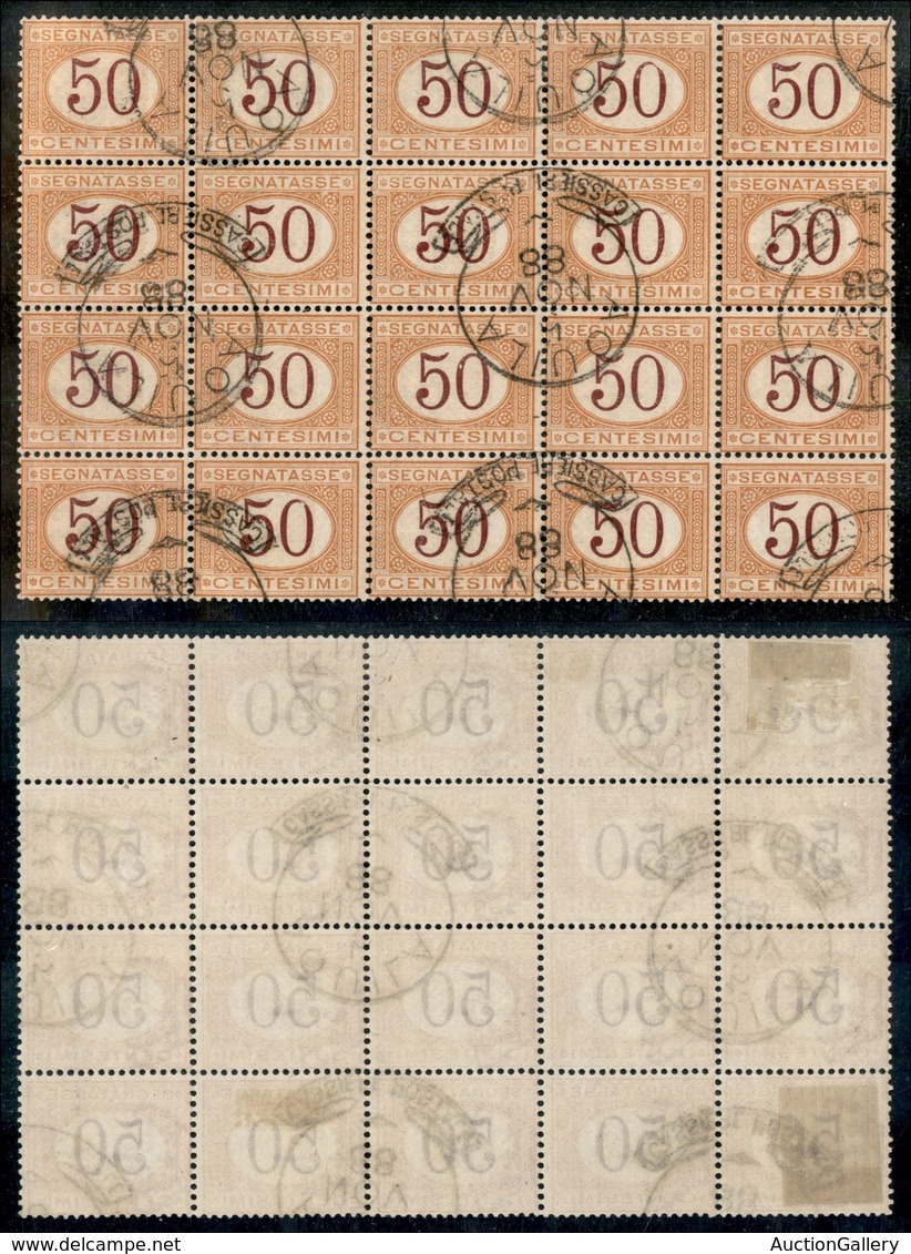 REGNO - SEGNATASSE - 1870 - 50 Cent (9 - Segnatasse) - Blocco Di 20 Usato - Aquila Cassiere Postale 5 Nov. 88 - Raro Ins - Sonstige & Ohne Zuordnung