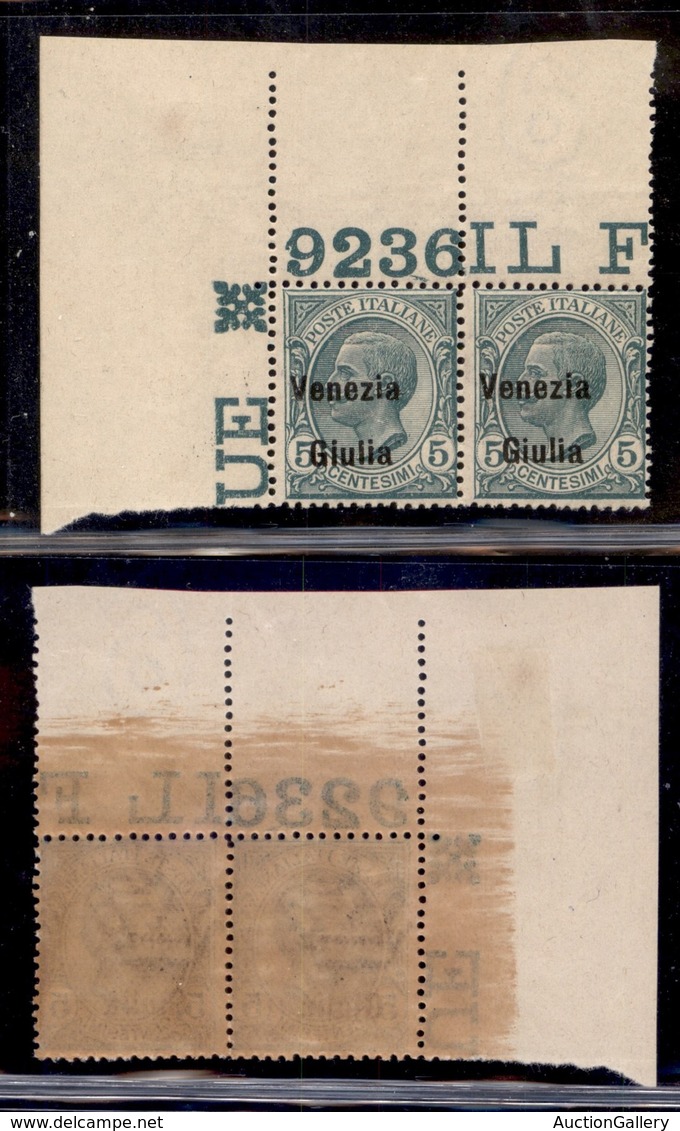 OCCUPAZIONI I GUERRA MONDIALE - VENEZIA GIULIA - 1918 - 5 Cent (21 Eafc) - Coppia Angolare Con Numero Di Tavola 9236 - S - Otros & Sin Clasificación