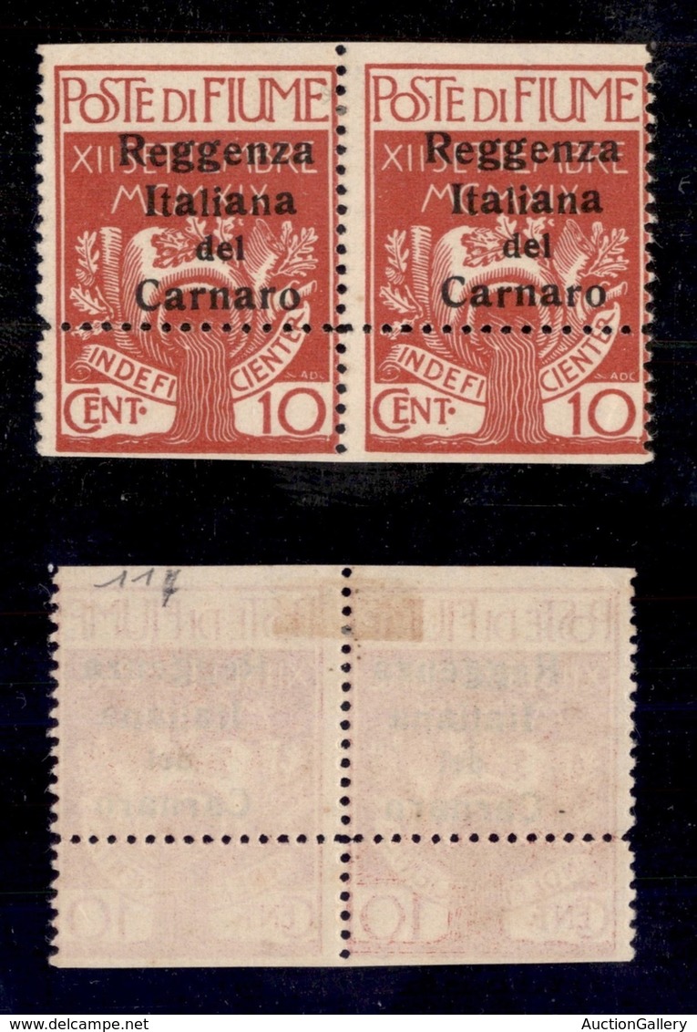 OCCUPAZIONI I GUERRA MONDIALE - FIUME - 1920 - 10 Cent (134) - Coppia Con Dentellatura Orizzontale Spostata In Alto (var - Sonstige & Ohne Zuordnung