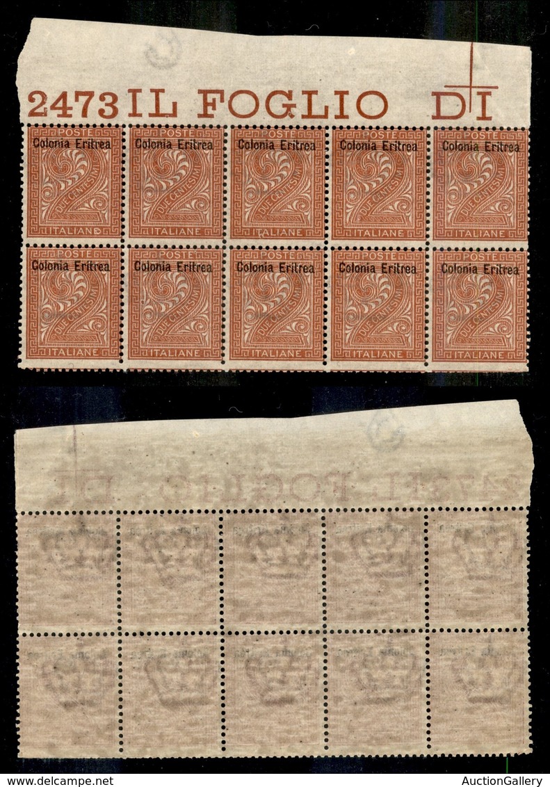 COLONIE - ERITREA - 1893 - 2 Cent Torino (2) - Blocco Di 10 Bordo Foglio Con Numero Di Tavola - Gomma Integra - Sonstige & Ohne Zuordnung