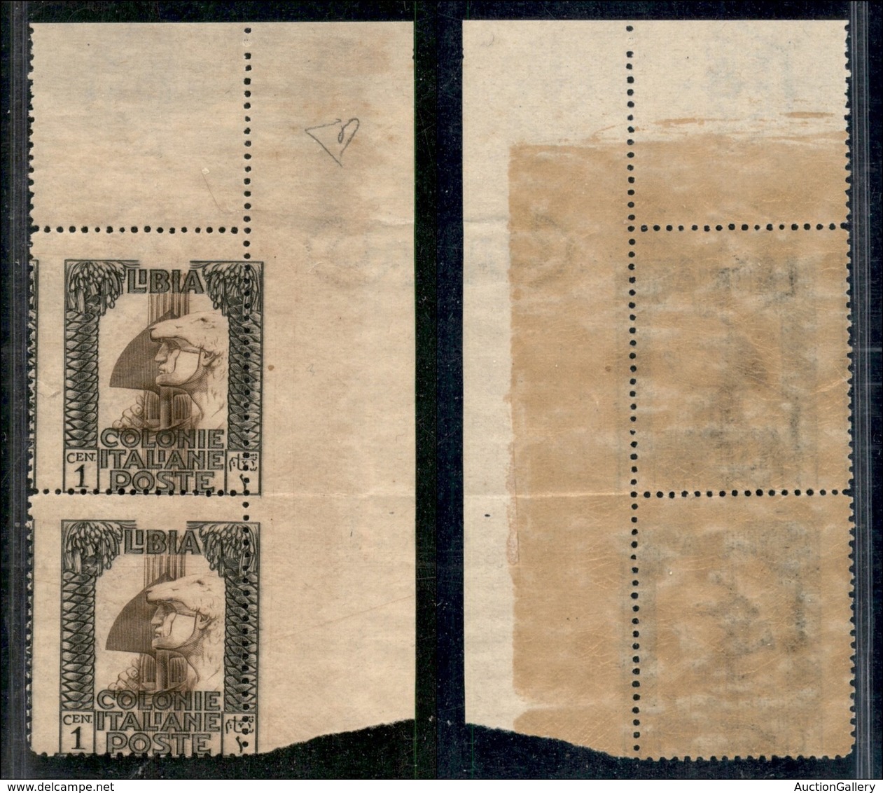 COLONIE - LIBIA - 1921 - 1 Cent Pittorica (21u) - Coppia Angolare Con Dentellature Spostate A Sinistra (cornici A Cavall - Otros & Sin Clasificación