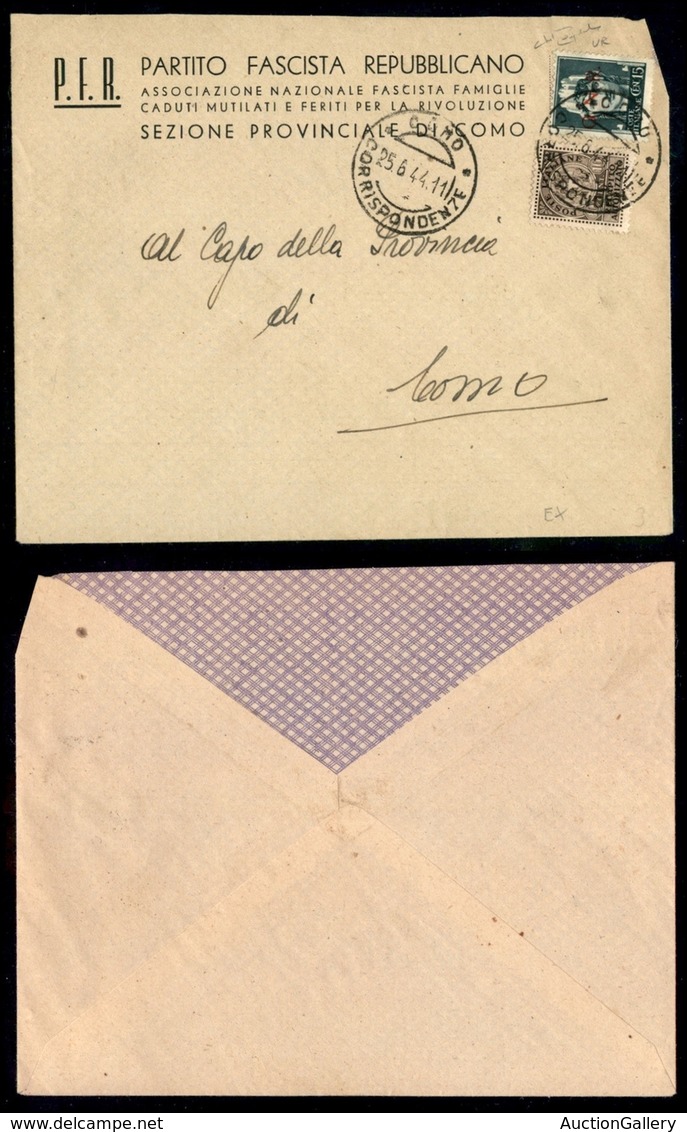 RSI - G.N.R. VERONA - 15 Cent (472) + 10 Cent Recapito (3 Regno) - Busta Da Como Per Città Del 25.6.44 - Raybaudi - Otros & Sin Clasificación