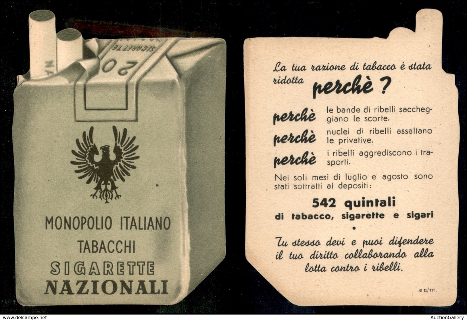 RSI - PROPAGANDA RSI - 1944 - Sigarette Nazionali - Cartoncino Fronte Retro Di Propaganda - Sonstige & Ohne Zuordnung