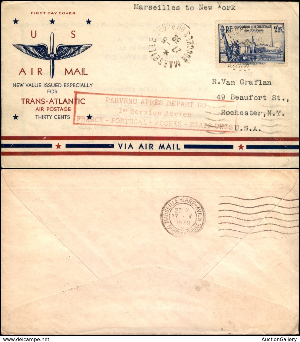 EUROPA - FRANCIA - 1939 (27 Maggio) - Marsiglia New York - Aerogramma Per Il Volo Francia Portogallo Azzorre Stati Uniti - Otros & Sin Clasificación