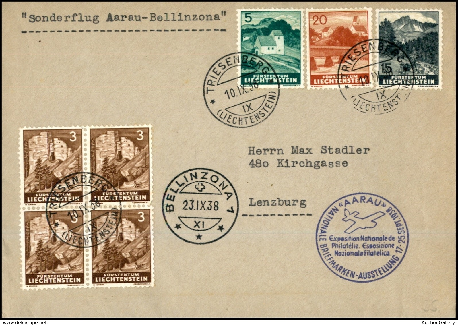 EUROPA - LIECHTENSTEIN - 1938 (23 Settembre) - Aaran Bellinzona - Aerogramma Da Triesenberg A Lenzburg - Sonstige & Ohne Zuordnung