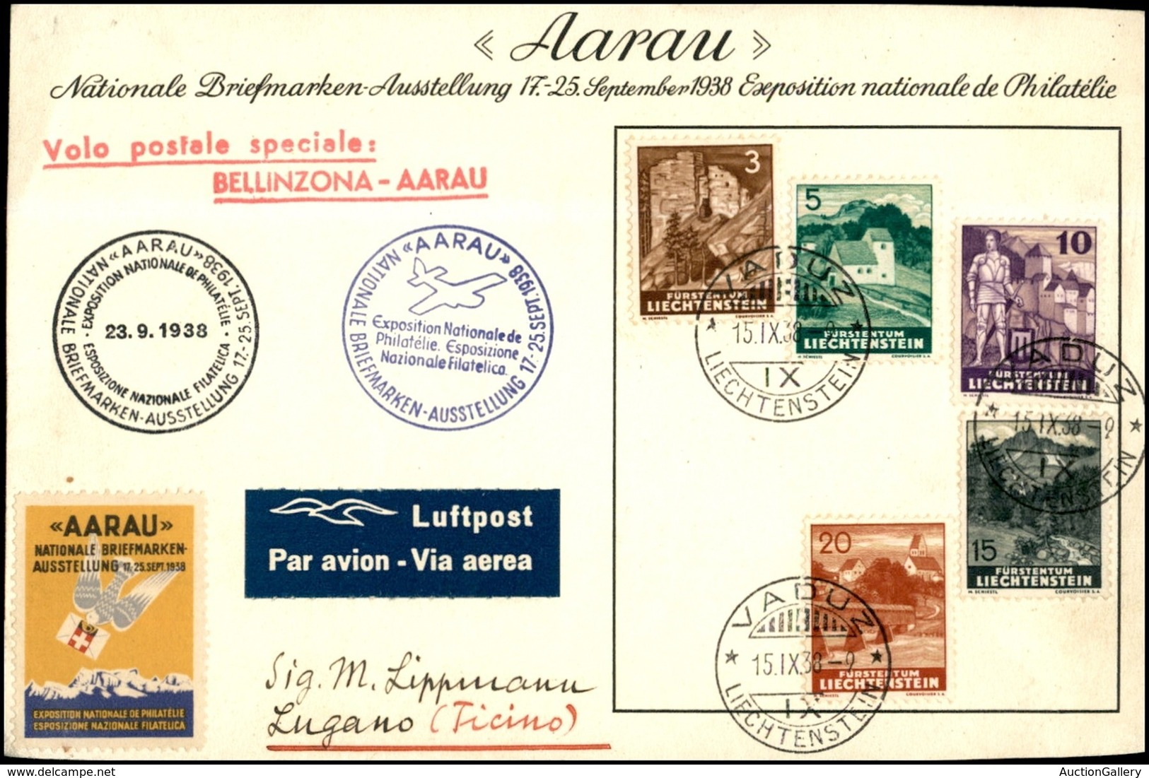 EUROPA - LIECHTENSTEIN - 1938 (23 Settembre) - Bellinzona Aaran - Aerogramma Da Vaduz A Lugano - Sonstige & Ohne Zuordnung