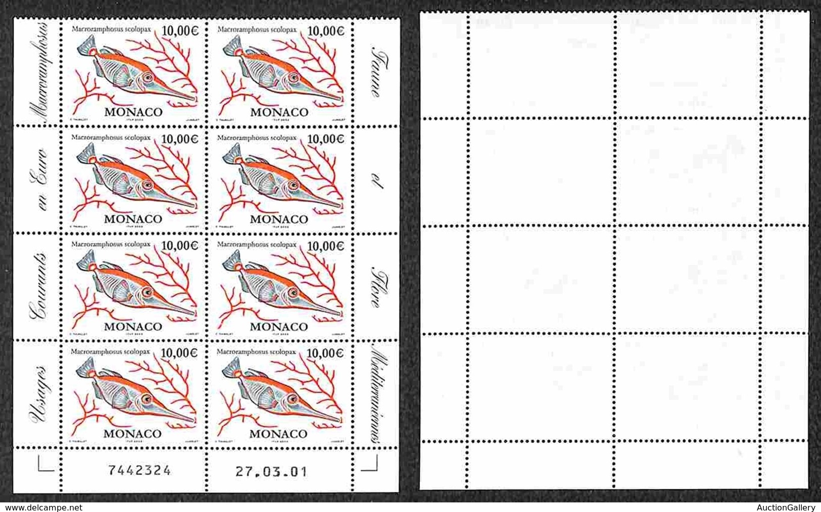 EUROPA - MONACO - 2002 - 10 Euro Pesce Trombetta (2582) - Blocco Di 8 Con Tre Bordi Del Foglietto - Gomma Integra (200+) - Sonstige & Ohne Zuordnung