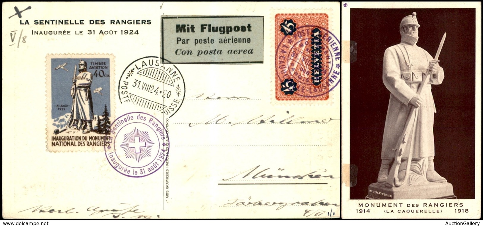 EUROPA - SVIZZERA - AEROGRAMMI - 1924 (31 Agosto) - La Caquerelle Lausanne - Cartolina Ufficiale (La Sentinelle Des Rang - Autres & Non Classés