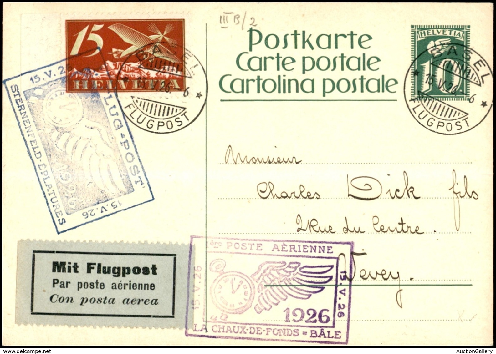 EUROPA - SVIZZERA - AEROGRAMMI - 1926 (15 Maggio) - La Chaux De Fonds Basilea + Sternenfeld Eplatures - Cartolina Postal - Otros & Sin Clasificación