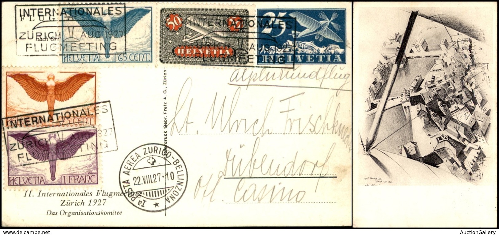 EUROPA - SVIZZERA - AEROGRAMMI - 1927 (22 Agosto) - Zurigo Bellinzona - Cartolina Postale Con Affrancatura Complementare - Sonstige & Ohne Zuordnung